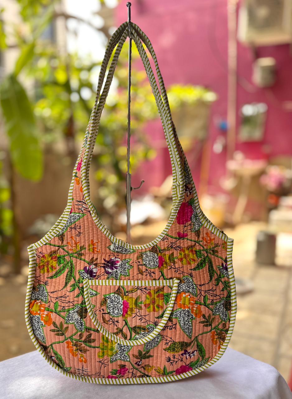 Peach Floral Printed Round Tote Bag