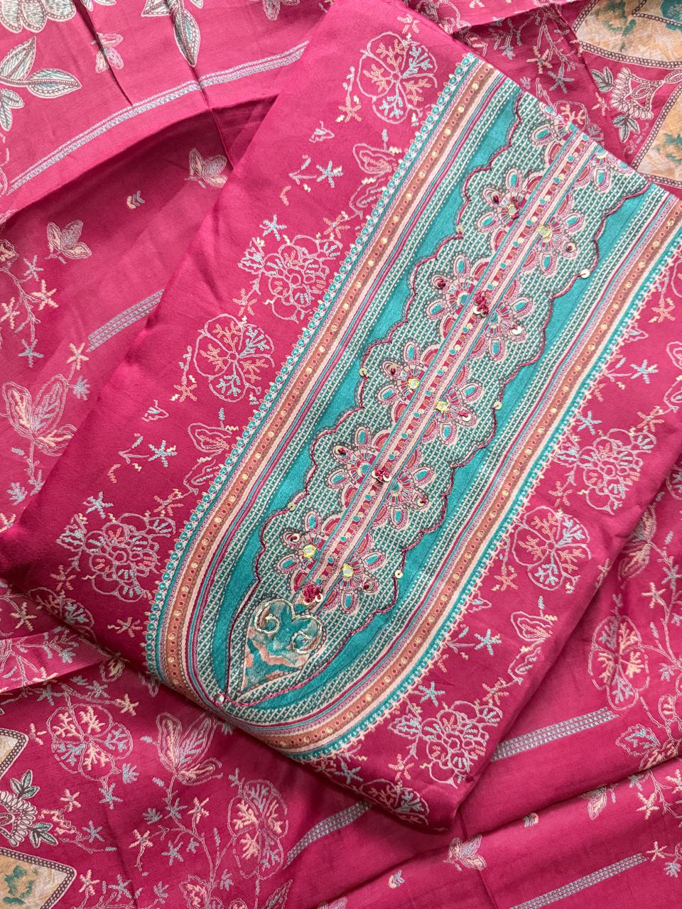 Red Cotton Satin Discharge Print with Hand Work