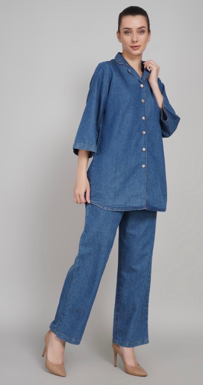 Shirt Collar Tunic & Trousers Denim Co-Ords Set